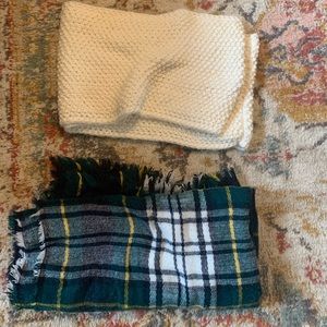 Ivory white knit infinity scarf and emerald green plaid blanket scarf.